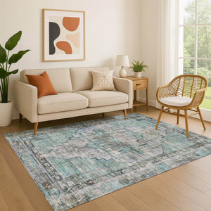 HomeRoots 9' X 12' Teal & Charcoal Oriental Area Rug - Durable, UV-Protected, Stain-Resistant for High-Traffic Homes 699405