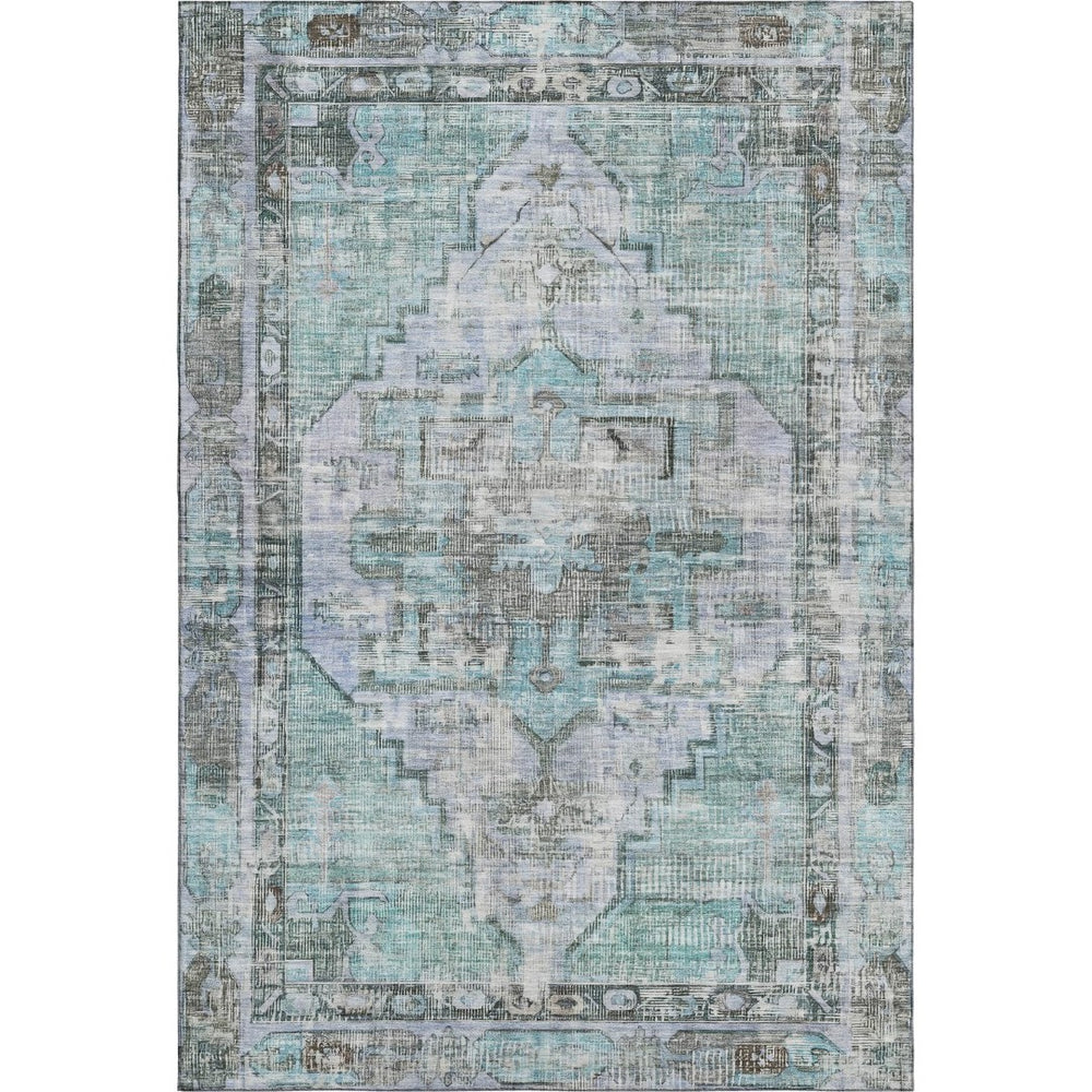 HomeRoots 9' X 12' Teal & Charcoal Oriental Area Rug - Durable, UV-Protected, Stain-Resistant for High-Traffic Homes 699405