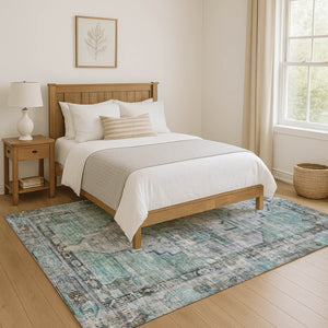 HomeRoots 9' X 12' Teal & Charcoal Oriental Area Rug - Durable, UV-Protected, Stain-Resistant for High-Traffic Homes 699405