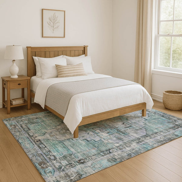 HomeRoots 9' X 12' Teal & Charcoal Oriental Area Rug - Durable, UV-Protected, Stain-Resistant for High-Traffic Homes 699405