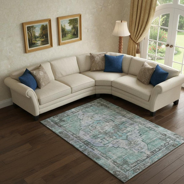 HomeRoots 10' X 14' Teal and Charcoal Oriental Washable Area Rug - Stylish, Durable, UV Protected for High-Traffic Areas 699406