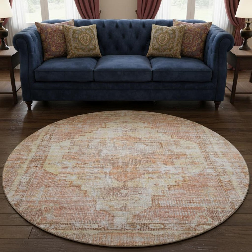 HomeRoots 8' Elegant Terra Cotta Round Rug - Washable, UV-Protected, Stain-Resistant for High-Traffic Areas 699409