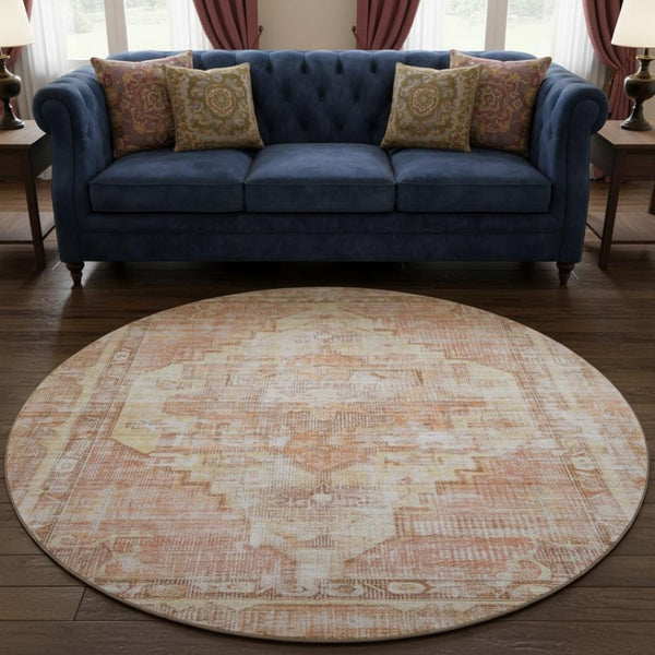 HomeRoots 8' Elegant Terra Cotta Round Rug - Washable, UV-Protected, Stain-Resistant for High-Traffic Areas 699409