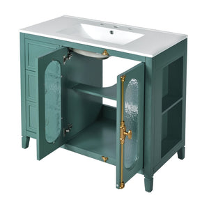 English Elm 36-inch Modern Bathroom Vanity Pine Frame Ceramic Sink 3 Drawers Glass Door Cabinet N710P223192F