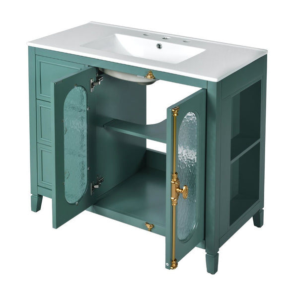 English Elm 36-inch Modern Bathroom Vanity Pine Frame Ceramic Sink 3 Drawers Glass Door Cabinet N710P223192F