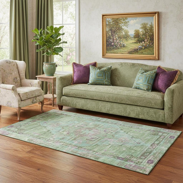 HomeRoots 5' X 8' Artichoke Green Oriental Washable Area Rug with Teal & Lavender, UV Protection & Stain Resistance 699414
