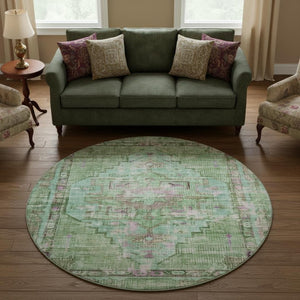 HomeRoots 8' Artichoke Green Lavender Teal Round Rug - Stylish, Washable, Durable, UV-Protected for Homes 699415