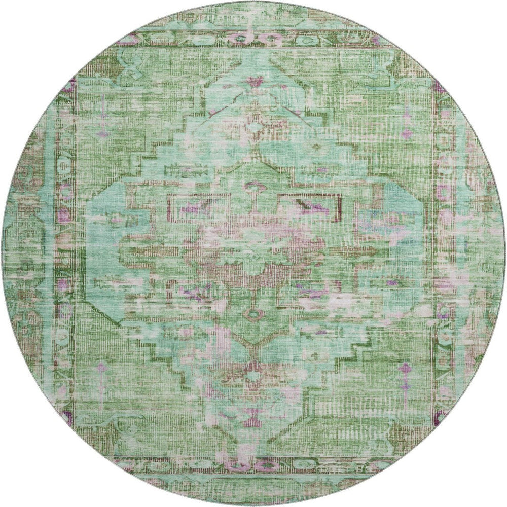 HomeRoots 8' Artichoke Green Lavender Teal Round Rug - Stylish, Washable, Durable, UV-Protected for Homes 699415