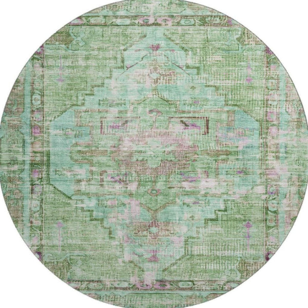 HomeRoots 8' Artichoke Green Lavender Teal Round Rug - Stylish, Washable, Durable, UV-Protected for Homes 699415