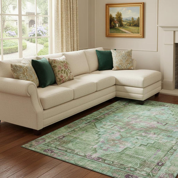 HomeRoots 8' X 10' Washable Artichoke Green Oriental Area Rug with UV Protection, Stain Resistance & Style 699416