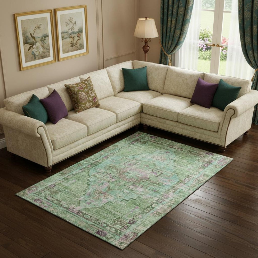 HomeRoots 9' X 12' Artichoke Green Oriental Washable Area Rug - UV Protected, Stain Resistant, Durable Design 699417