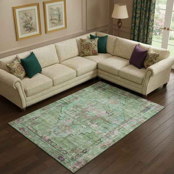 HomeRoots 10' X 14' Artichoke Green Oriental Area Rug with UV Protection - Washable, Stain Resistant & Stylish 699418