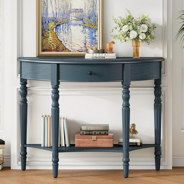 English Elm Trexm Farmhouse Half Moon Entryway Console with Drawer Open Shelf Pine Legs Navy N715P383795M