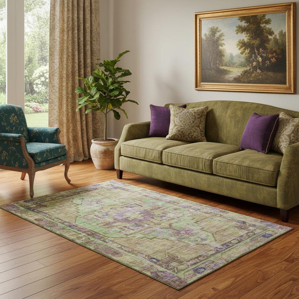 HomeRoots 5' X 8' Vibrant Lime Green, Purple & Beige Oriental Washable Area Rug with UV Protection & Durability 699420