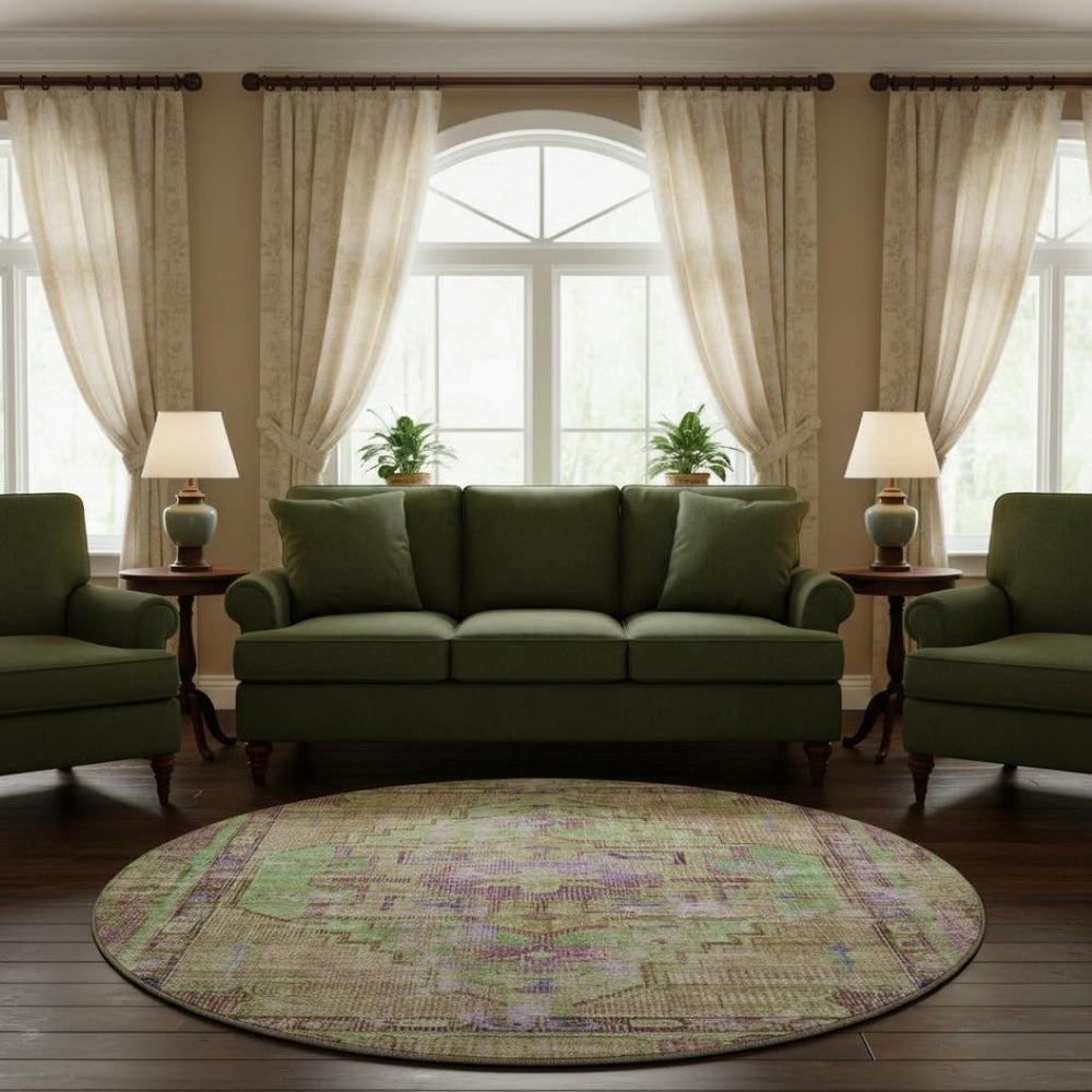 HomeRoots 8' Vibrant Lime Green, Purple & Beige Oriental Round Rug - Washable, UV-Protected & Non-Slip! 699421