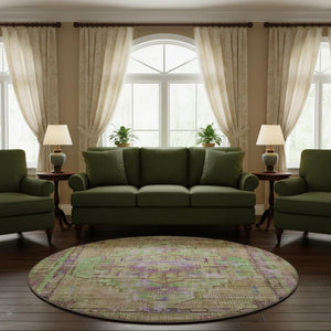 HomeRoots 8' Vibrant Lime Green, Purple & Beige Oriental Round Rug - Washable, UV-Protected & Non-Slip! 699421