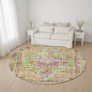 HomeRoots 8' Vibrant Lime Green, Purple & Beige Oriental Round Rug - Washable, UV-Protected & Non-Slip! 699421