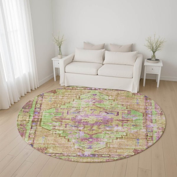 HomeRoots 8' Vibrant Lime Green, Purple & Beige Oriental Round Rug - Washable, UV-Protected & Non-Slip! 699421