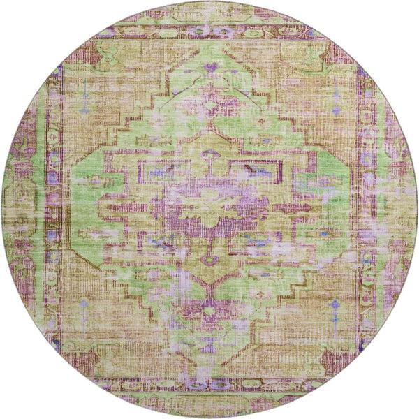 HomeRoots 8' Vibrant Lime Green, Purple & Beige Oriental Round Rug - Washable, UV-Protected & Non-Slip! 699421