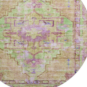 HomeRoots 8' Vibrant Lime Green, Purple & Beige Oriental Round Rug - Washable, UV-Protected & Non-Slip! 699421