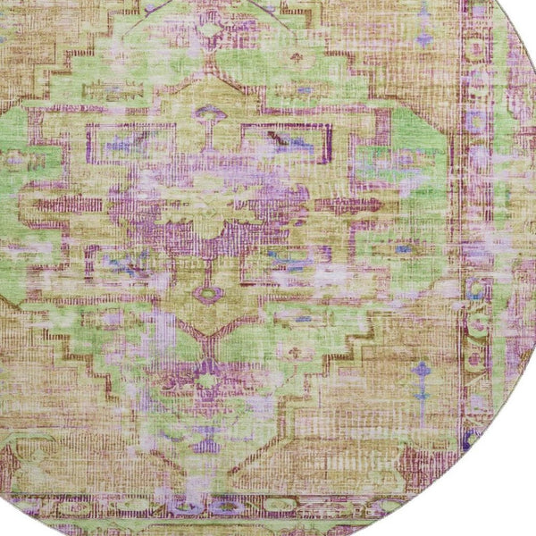 HomeRoots 8' Vibrant Lime Green, Purple & Beige Oriental Round Rug - Washable, UV-Protected & Non-Slip! 699421