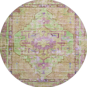 HomeRoots 8' Vibrant Lime Green, Purple & Beige Oriental Round Rug - Washable, UV-Protected & Non-Slip! 699421
