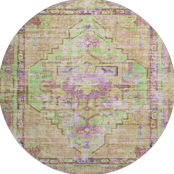 HomeRoots 8' Vibrant Lime Green, Purple & Beige Oriental Round Rug - Washable, UV-Protected & Non-Slip! 699421