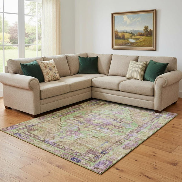 HomeRoots 8' X 10' Vibrant Washable Oriental Area Rug in Lime Green, Purple & Beige - UV Protected & Stain-Resistant 699422