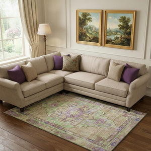 HomeRoots 9' X 12' Vibrant Lime Green, Purple & Beige Oriental Washable Area Rug with UV Protection & Durability 699423