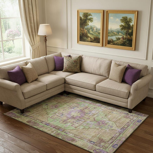 HomeRoots 9' X 12' Vibrant Lime Green, Purple & Beige Oriental Washable Area Rug with UV Protection & Durability 699423