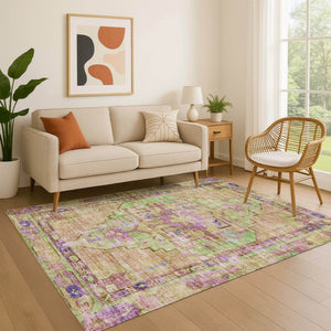 HomeRoots 9' X 12' Vibrant Lime Green, Purple & Beige Oriental Washable Area Rug with UV Protection & Durability 699423