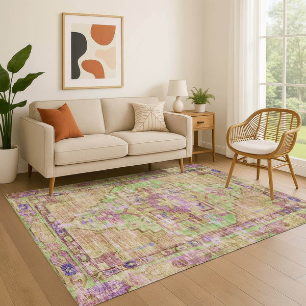 HomeRoots 9' X 12' Vibrant Lime Green, Purple & Beige Oriental Washable Area Rug with UV Protection & Durability 699423
