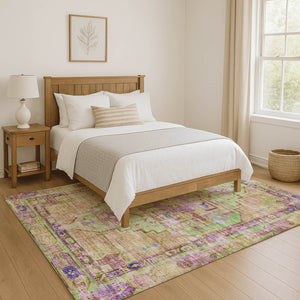 HomeRoots 9' X 12' Vibrant Lime Green, Purple & Beige Oriental Washable Area Rug with UV Protection & Durability 699423