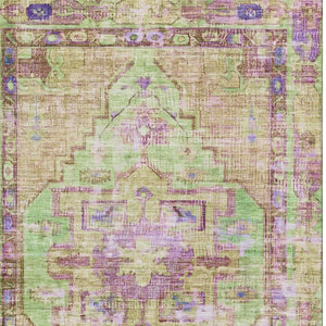 HomeRoots 9' X 12' Vibrant Lime Green, Purple & Beige Oriental Washable Area Rug with UV Protection & Durability 699423