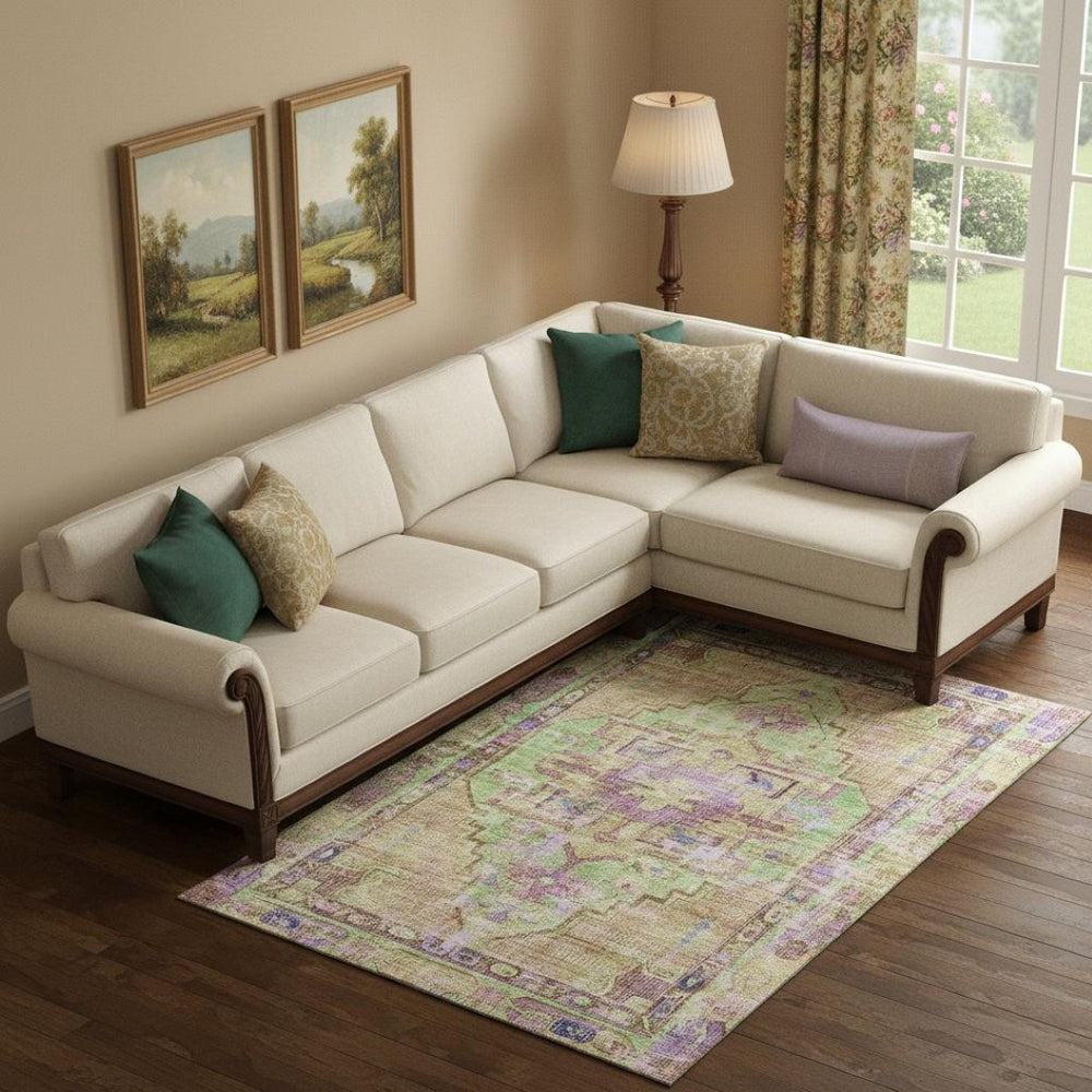 HomeRoots 10' X 14' Vibrant Lime Green, Purple & Beige Oriental Washable Area Rug with UV & Stain Protection 699424