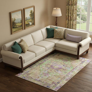 HomeRoots 10' X 14' Vibrant Lime Green, Purple & Beige Oriental Washable Area Rug with UV & Stain Protection 699424