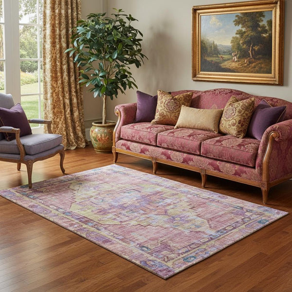 HomeRoots 5' Washable Pink, Purple & Blue Oriental Area Rug with UV Protection - Durable, Non-Slip & Stylish! 699426