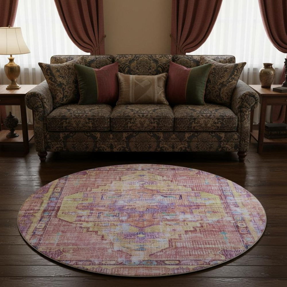 HomeRoots 8' Vibrant Pink, Purple, and Blue Oriental Washable Round Rug with UV Protection & Non-Slip Backing 699427
