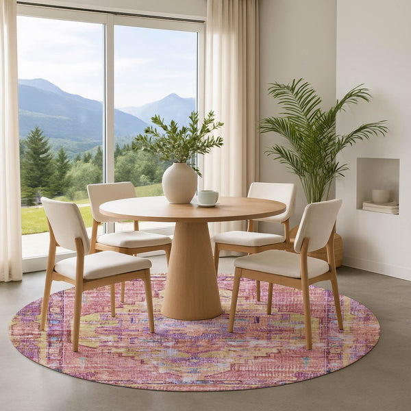 HomeRoots 8' Vibrant Pink, Purple, and Blue Oriental Washable Round Rug with UV Protection & Non-Slip Backing 699427