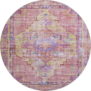 HomeRoots 8' Vibrant Pink, Purple, and Blue Oriental Washable Round Rug with UV Protection & Non-Slip Backing 699427