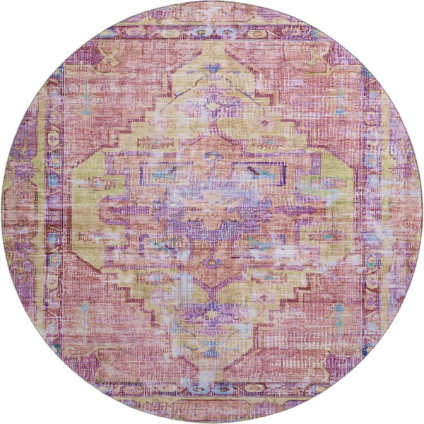 HomeRoots 8' Vibrant Pink, Purple, and Blue Oriental Washable Round Rug with UV Protection & Non-Slip Backing 699427
