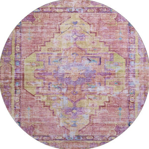 HomeRoots 8' Vibrant Pink, Purple, and Blue Oriental Washable Round Rug with UV Protection & Non-Slip Backing 699427