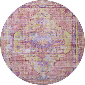 HomeRoots 8' Vibrant Pink, Purple, and Blue Oriental Washable Round Rug with UV Protection & Non-Slip Backing 699427