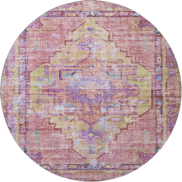 HomeRoots 8' Vibrant Pink, Purple, and Blue Oriental Washable Round Rug with UV Protection & Non-Slip Backing 699427