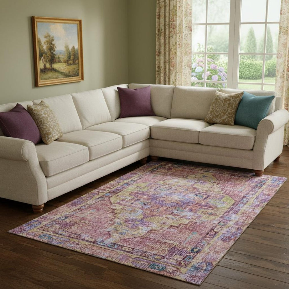 HomeRoots 8' X 10' Vibrant Pink, Purple & Blue Oriental Washable Area Rug with UV Protection & Easy Care 699428