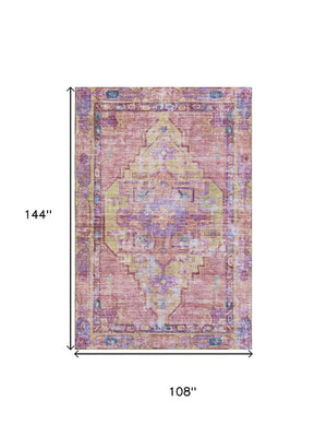 HomeRoots 9' X 12' Vibrant Pink Purple and Blue Oriental Area Rug - Washable, UV-Protected, Durable Design! 699429