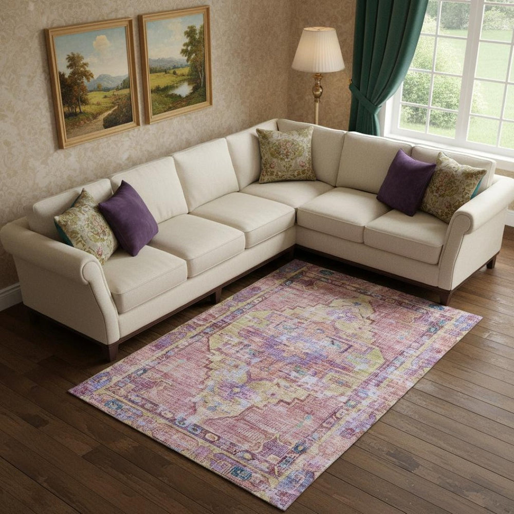 HomeRoots 9' X 12' Vibrant Pink Purple and Blue Oriental Area Rug - Washable, UV-Protected, Durable Design! 699429