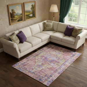HomeRoots 9' X 12' Vibrant Pink Purple and Blue Oriental Area Rug - Washable, UV-Protected, Durable Design! 699429