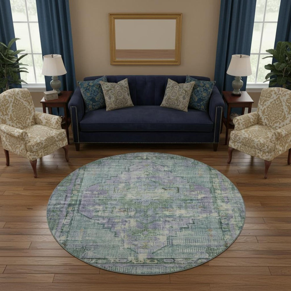 HomeRoots 8' Teal Lavender and Green Washable Oriental Round Rug with UV Protection for Busy Households 699433