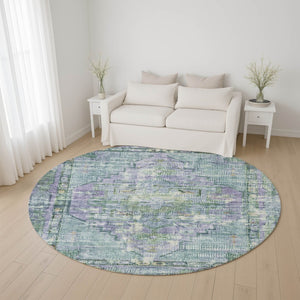 HomeRoots 8' Teal Lavender and Green Washable Oriental Round Rug with UV Protection for Busy Households 699433